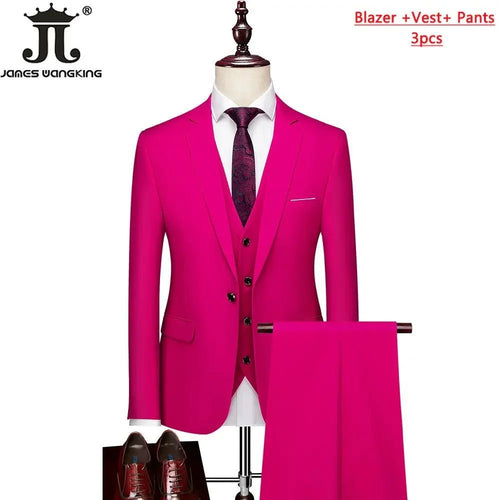Men's 3-piece business suit set by MANDOTOS INTERNATIONAL with jacket, vest, and pants in various sizes and colors.