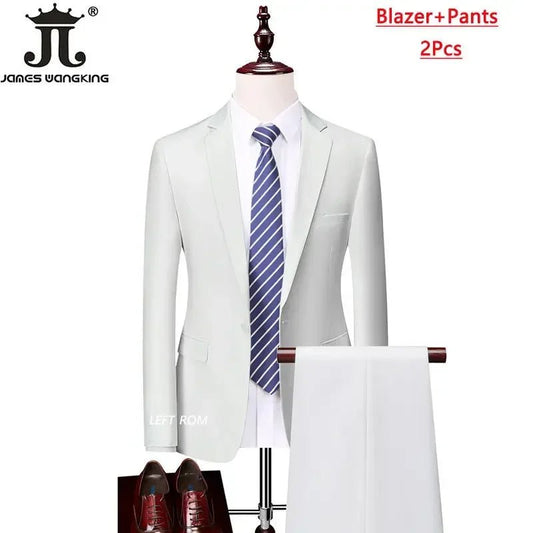Men's 3-piece business suit set with jacket, vest, and pants in various sizes and colors by MANDOTOS INTERNATIONAL.