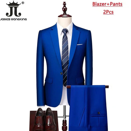 Men's 3-piece business suit set by Mandotos International including jacket, vest, and pants in various sizes and colors.