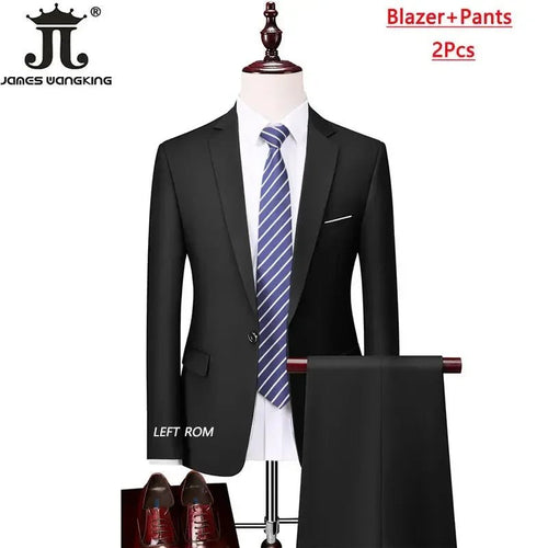 Men's 3-piece business suit set by Mandotos International with jacket, vest, and pants in various sizes and colors.