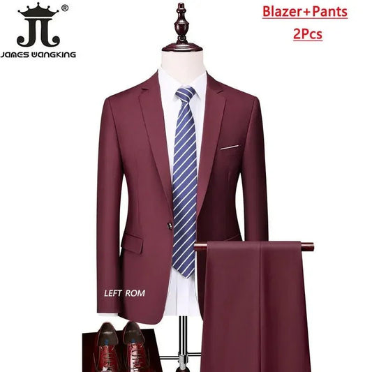 Men's 3-piece business suit set by Mandotos International with jacket, vest, and pants in various sizes and colors.