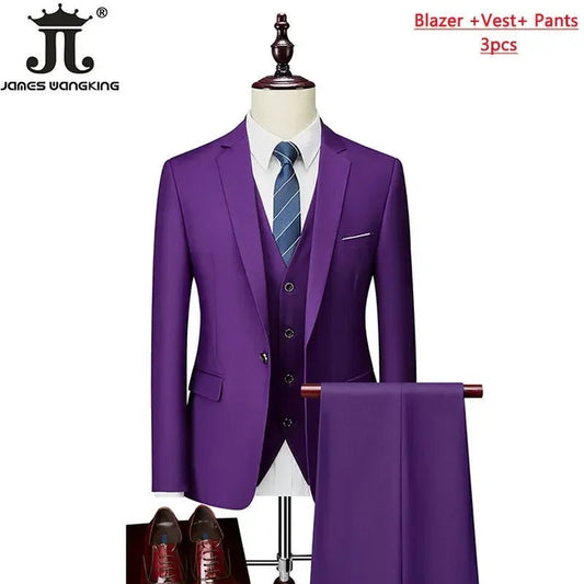 Men's 3-piece business suit set by Mandotos International, including jacket, vest, and pants in various sizes and colors.