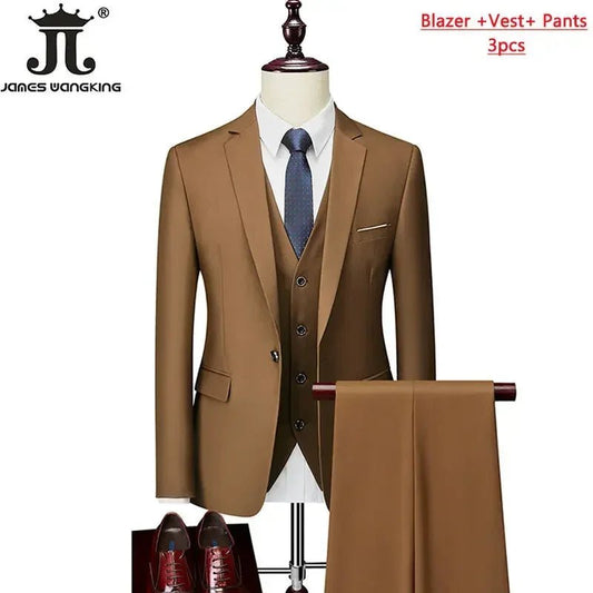 Mandotos International men's 3-piece business suit set with jacket, vest, and pants in various sizes and colors, tailored fit.
