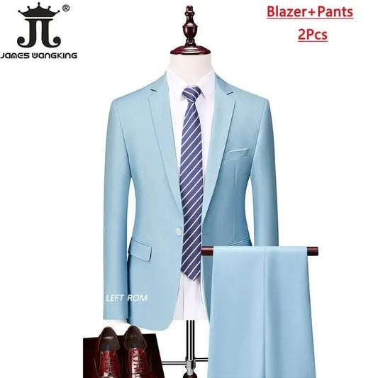 Men's 3-piece business suit set by Mandotos International with jacket, vest, and pants in various sizes and colors.