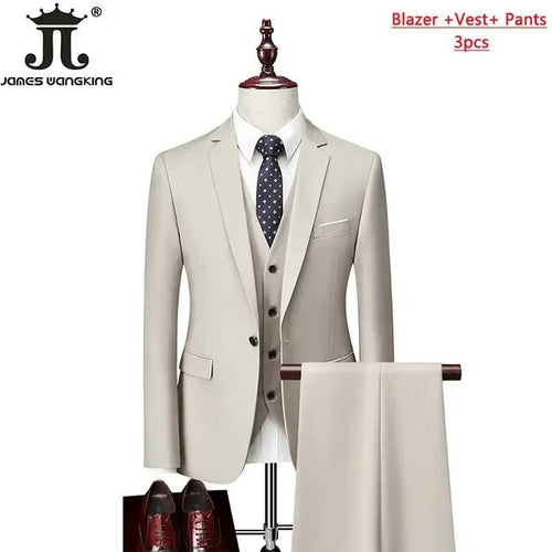 Men's 3-piece business suit set by Mandotos International with jacket, vest, and pants in various sizes and colors.
