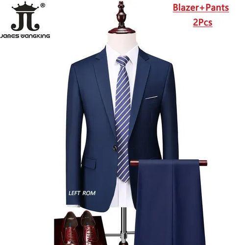 Men's 3-piece business suit set by MANDOTOS INTERNATIONAL, including jacket, vest, and pants in various colors and sizes.