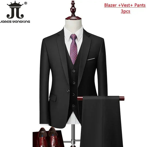 Men's 3-piece business suit set by Mandotos International including jacket, vest, and pants in various sizes and colors.