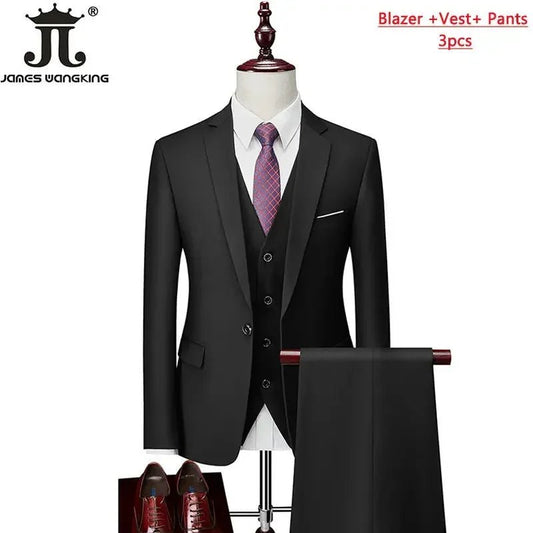 Men's 3-piece business suit set by Mandotos International including jacket, vest, and pants in various sizes and colors.