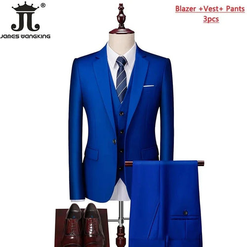 Men's 3-piece business suit set by Mandotos International, including jacket, vest, and pants in various sizes and colors.