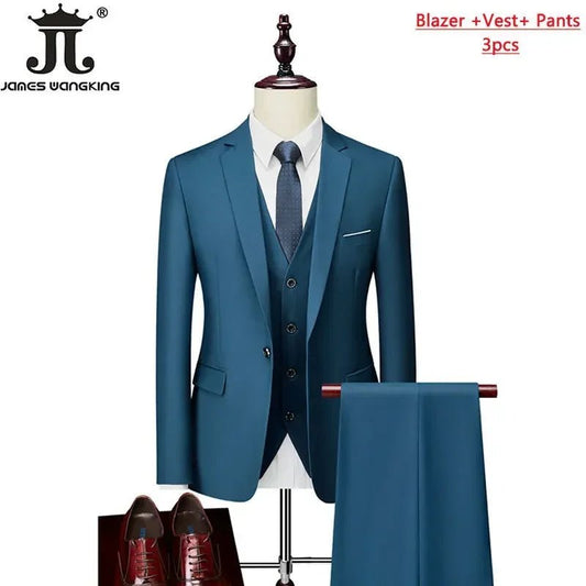 Men's 3-piece business suit set by MANDOTOS INTERNATIONAL with jacket, vest, and pants in various sizes and colors.