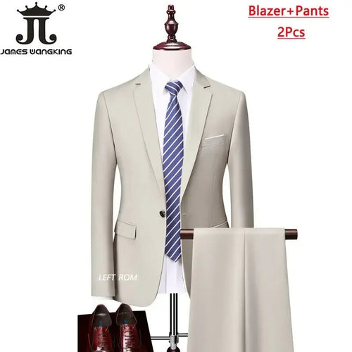 Men's 3-piece business suit set by Mandotos International, including jacket, vest, and pants in various sizes and colors.