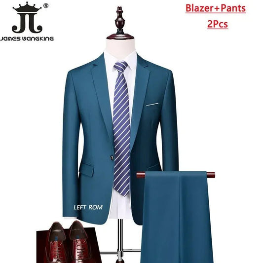 Mandotos International men's 3-piece business suit set with jacket, vest, and pants in various sizes and colors.