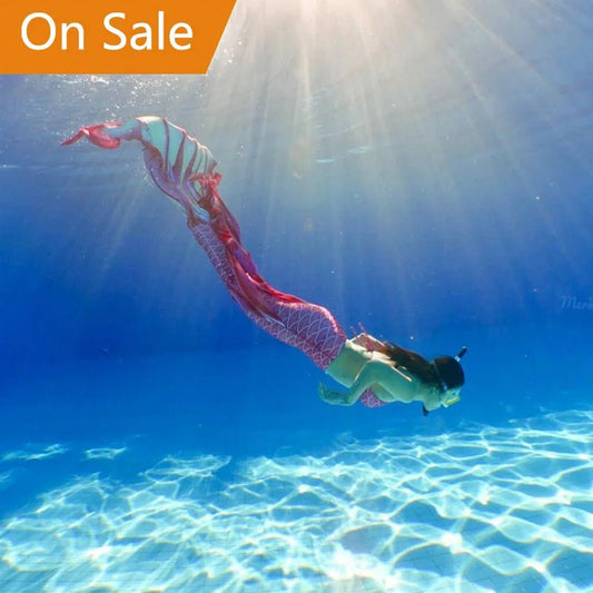 Mandotos International mermaid skin tail costume swimsuit in quick-dry material, designed for swimming and beachwear.