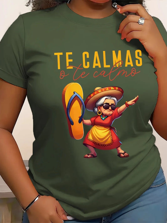 Women’s Mexican Mama print T-shirt by MANDOTOS INTERNATIONAL, casual short-sleeve round neck polyester knit top, regular fit.