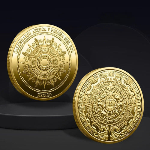 Mexican Maya Calendar and Aztec Commemorative Coins Set by MANDOTOS INTERNATIONAL, featuring traditional design and detailed engravings.