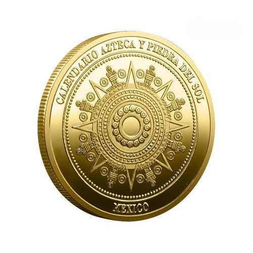 Mexican Maya Calendar and Aztec Commemorative Coins Set by MANDOTOS INTERNATIONAL, featuring detailed ancient calendar and coin designs.