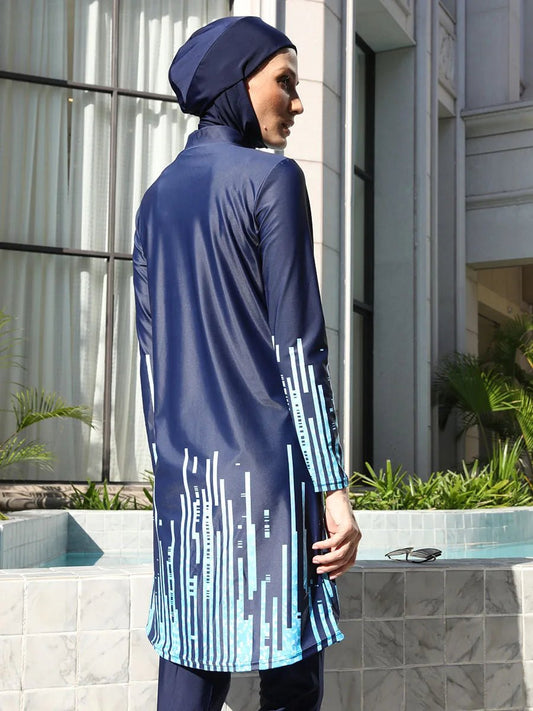 Mandotos International modest Muslim burkini with full coverage, stylish design, and functional swimwear for middle-aged women, in navy blue.