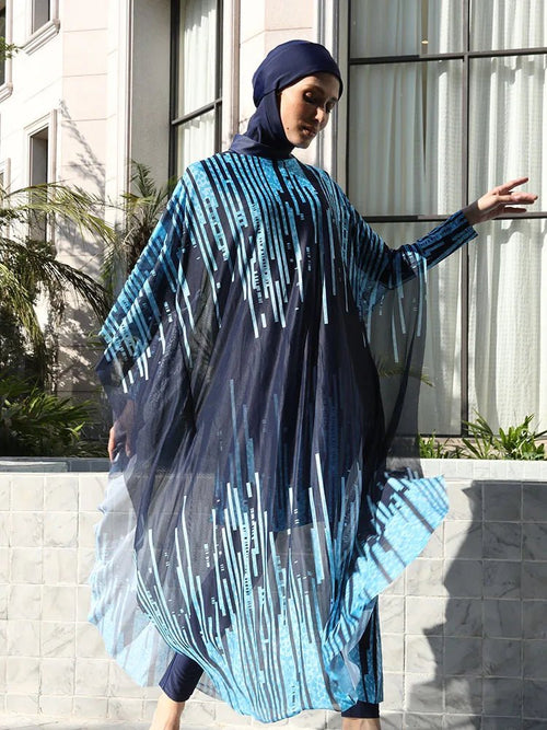 Mandotos International modest coverage Muslim burkini with long sleeves and full-coverage design, stylish swimwear for middle-aged women.