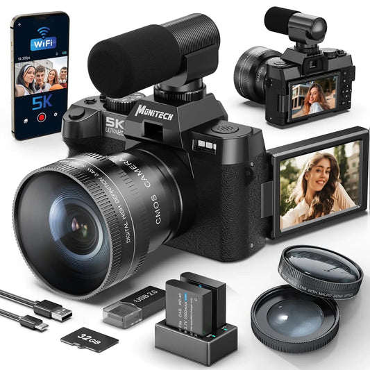 Mandotos International Monivista 5K Ultra HD vlogging camera with dual lens kit, showing camera body and lenses.