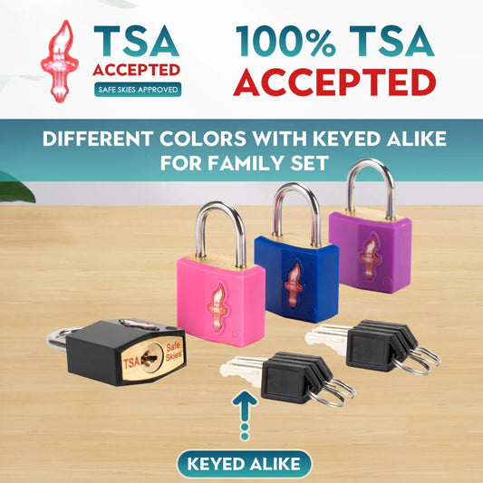 Multicolor family travel kit by MANDOTOS INTERNATIONAL with TSA-approved luggage locks and multiple travel accessories.