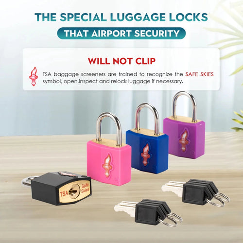 Multicolor family travel kit from MANDOTOS INTERNATIONAL with TSA-approved luggage locks and matching travel accessories.