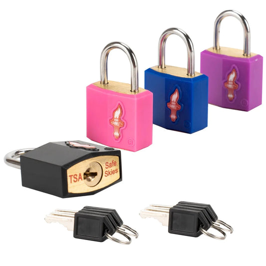 Multicolor family travel kit with TSA-approved luggage lock set by MANDOTOS INTERNATIONAL, includes multiple locks and travel accessories.