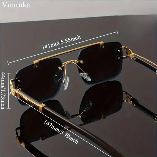 Bridge rimless square sunglasses by Mandotos International with leopard print and wood grain design for men and women.