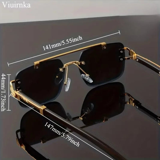 Bridge rimless square sunglasses by Mandotos International with leopard print and wood grain design for men and women.