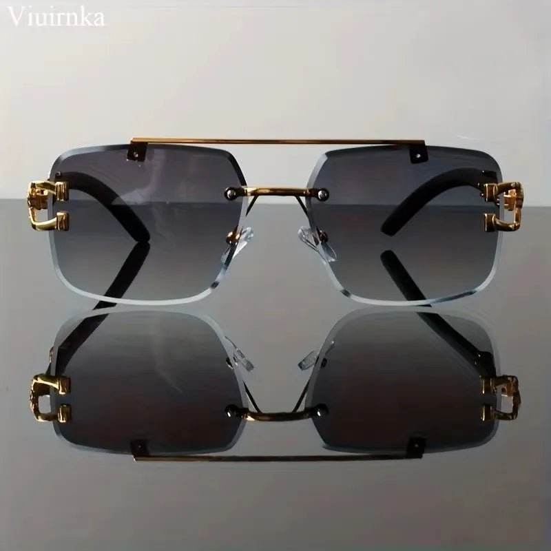New -Bridge Rimless Square Sunglasses, Featuring Trendy Leopard Print and Wood Grain Design for Men and Women, Perfect for - MANDOTOS INTERNATIONAL