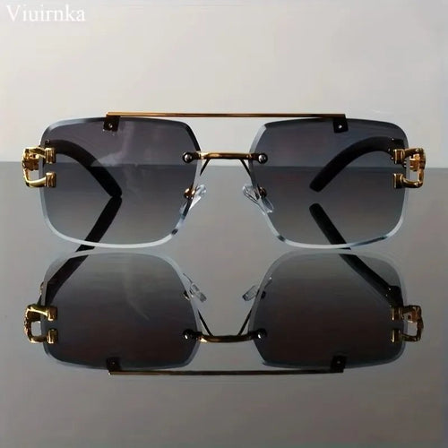 Rimless square sunglasses by MANDOTOS INTERNATIONAL with leopard print and wood grain design, suitable for men and women.