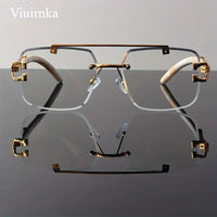 New -Bridge Rimless Square Sunglasses, Featuring Trendy Leopard Print and Wood Grain Design for Men and Women, Perfect for - MANDOTOS INTERNATIONAL