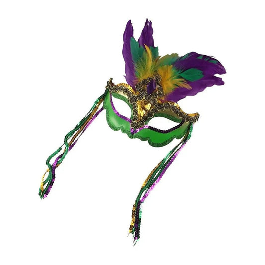 Mandotos International peacock feather masquerade mask with hollow design and plastic construction, ideal for carnival and nightclub parties.