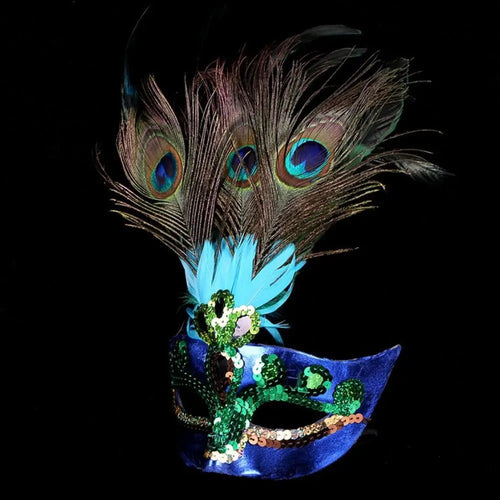 Mandotos International peacock feather mask for parties, featuring hollow-out design, plastic construction, ideal for masquerades and carnivals.