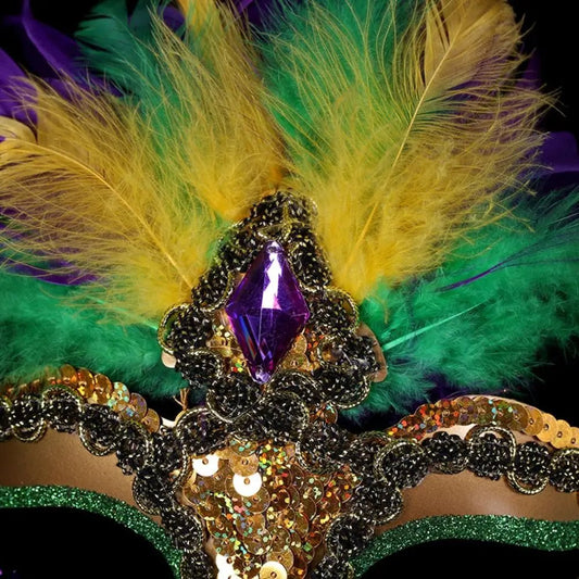 Mandotos International peacock feather mask for parties, featuring hollow out design, plastic construction, ideal for masquerades and carnivals.
