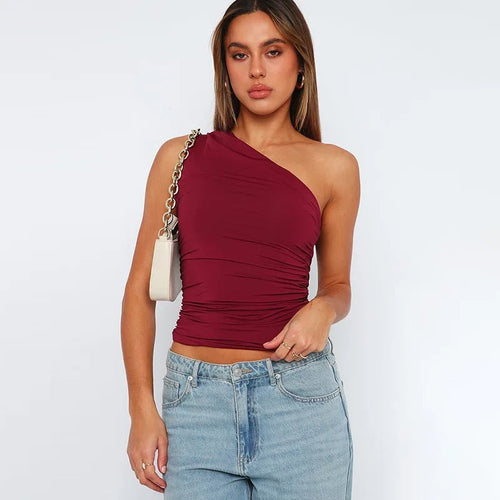 Mandotos International one shoulder backless tank top in candy color, sleeveless casual T-shirt for women.