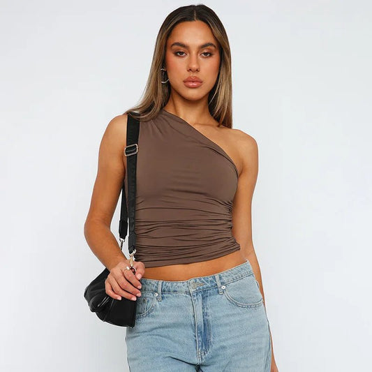 Mandotos International one shoulder backless tank top in candy color, sleeveless casual T-shirt with a stylish design.