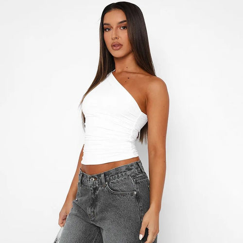 Mandotos International one-shoulder backless tank top in candy color, sleeveless casual T-shirt with a stylish, modern fit.