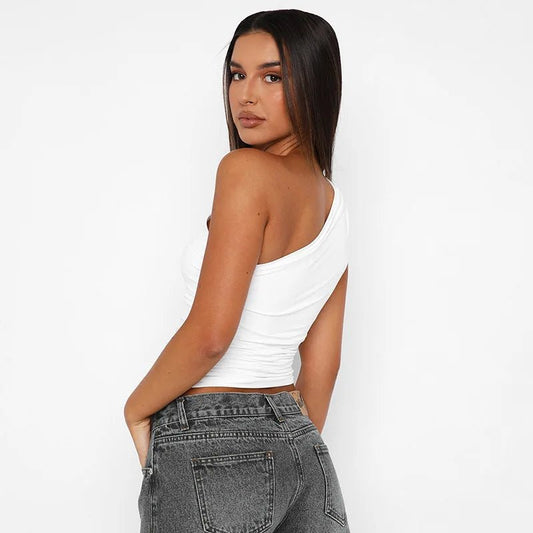 Mandotos International one-shoulder backless tank top in candy color, sleeveless casual t-shirt, stylish and comfortable for summer wear.