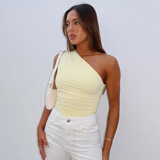 Mandotos International one-shoulder backless tank top in vibrant candy color, sleeveless casual t-shirt for stylish summer wear.