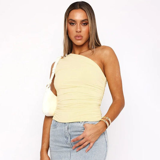 Mandotos International one-shoulder backless tank top in candy color, sleeveless casual t-shirt for women.