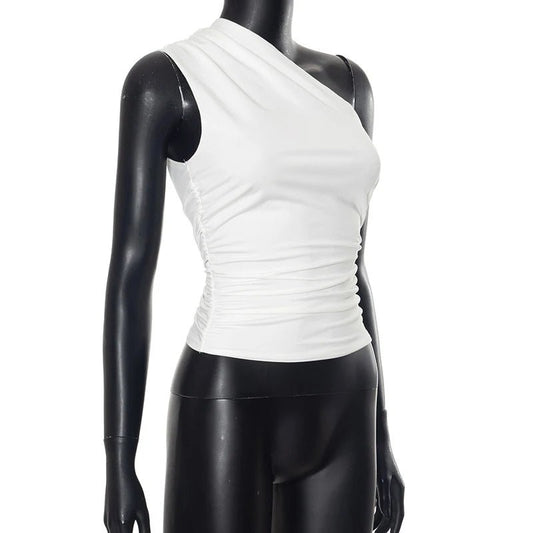 Mandotos International one-shoulder backless tank top in candy color, sleeveless casual T-shirt with a stylish, relaxed fit.