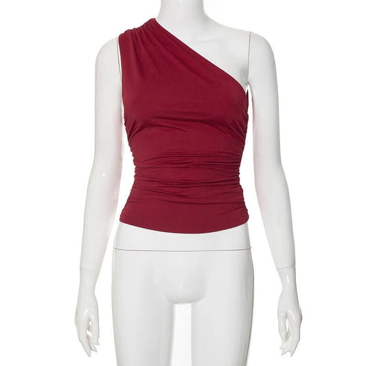 Mandotos International one-shoulder backless tank top in candy color, sleeveless casual T-shirt with stylish fit and vibrant hue.