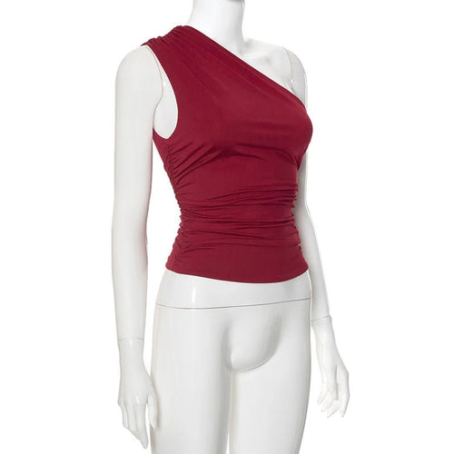 Mandotos International one shoulder backless tank top in candy color, sleeveless casual T-shirt, stylish and comfortable for warm weather.