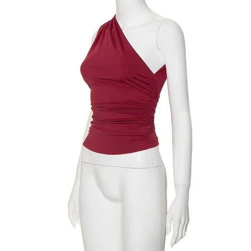 Mandotos International one-shoulder backless tank top in bright candy color, sleeveless casual T-shirt for women.