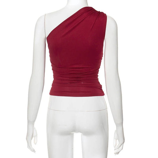Mandotos International one-shoulder backless tank top in vibrant candy color, sleeveless casual T-shirt for stylish summer wear.