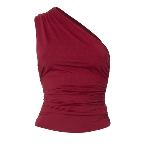 Mandotos International one-shoulder backless tank top in vibrant candy color, sleeveless casual t-shirt for women.