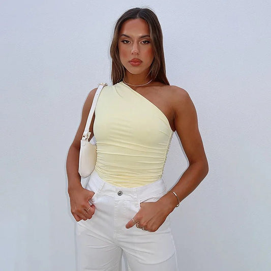 Mandotos International one-shoulder backless tank top in vibrant candy color, sleeveless casual T-shirt for women.