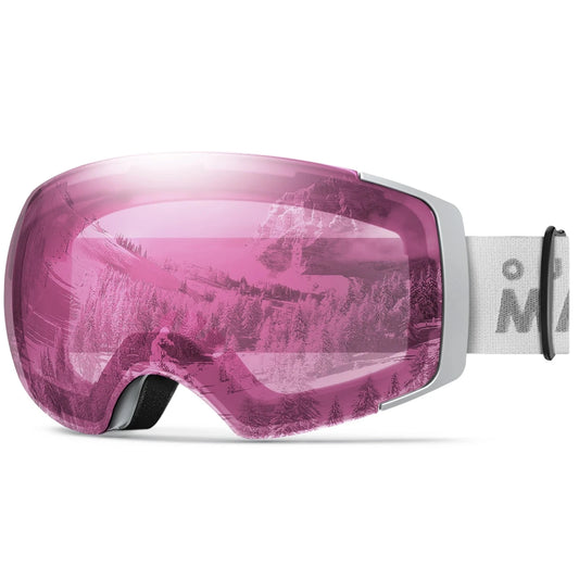 OutdoorMaster ski goggles with full-coated spherical lenses by MANDOTOS INTERNATIONAL, featuring clear, wide-vision protection for winter sports.
