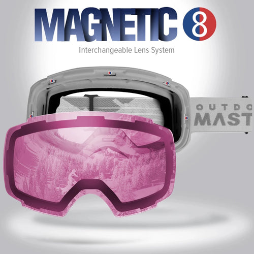 OutdoorMaster ski goggles with full-coated spherical lenses from MANDOTOS INTERNATIONAL, featuring a sleek design for winter sports.