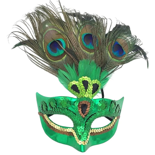 Mandotos International peacock feather headpiece for women’s Halloween, Mardi Gras, carnival, or cosplay costume, featuring vibrant feathers.